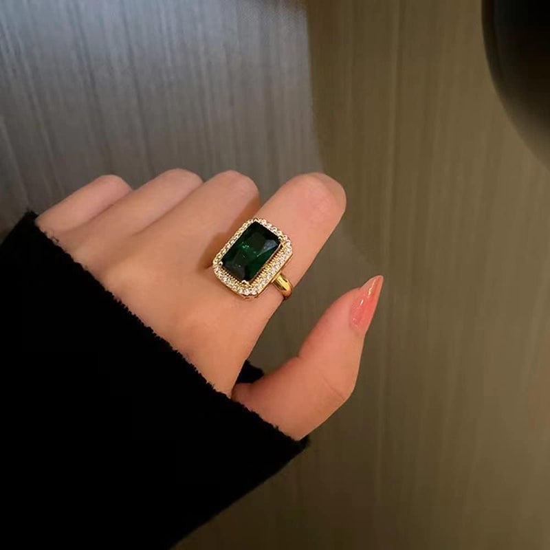 OIDIMS Green Gemstone Statement Ring Women's Classical Engagement Crystal Wedding Party Open Rings Cubic Zirconia Adjustable Finger Gold-Tone Plated for Women Mom Valentine's Day Anniversary Jewelry Gift - Image 3